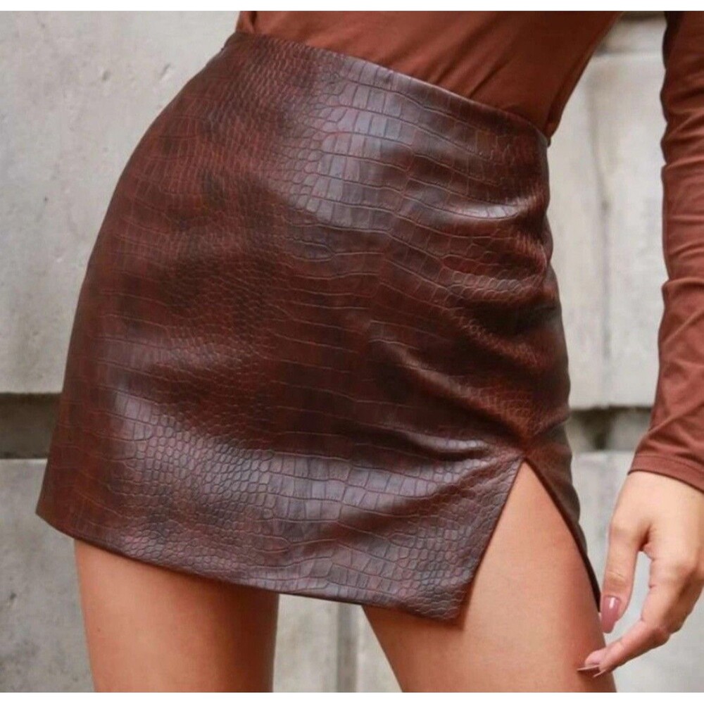 Shein Crocodile Embossed Faux Leather Mini Skirt Brown Lined Slit Autumn